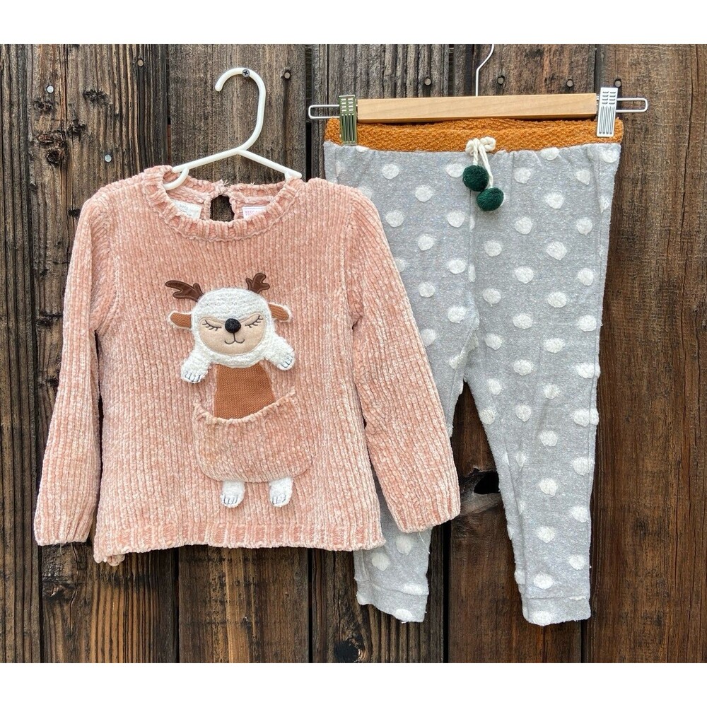 A Set of Zara Baby Girl Size 3-4Y - Reindeer Pink Sweater & Polka Dots Pants